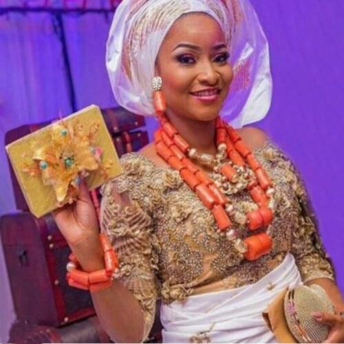 4ujewelry Choker Jewelry Set Genuine Coral Beads Necklace Jewelry 3 Layers Women Big Edo Bridal Jewellery Set Free Shipping New