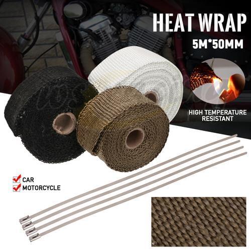 5M Motorcycle Fiberglass Heat Shield Exhaust Thermal Header Heat Wrap Roll With Stainless Ties