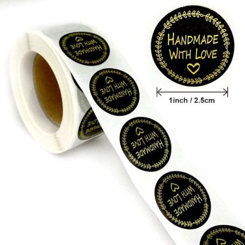 500pcs Round Black Bronzing "Handmade with Love" Sticker Seal Label for Shopping Small Shop Local Wrap Decor Stationery Stickers