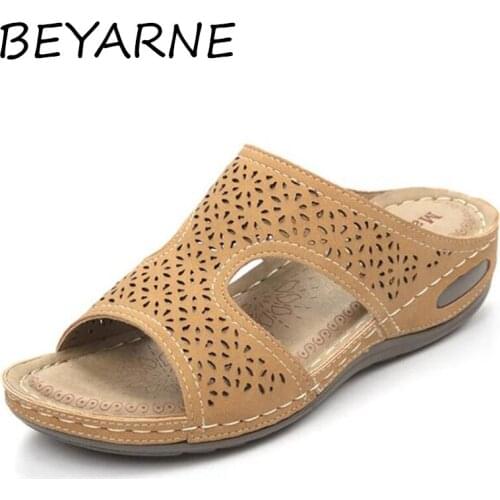 BEYARNELadies Sandals Retro Casual Beach Shoes Female New Womens Shoes Rome Flats Hollow Out Sandals For Women Sandalia Feminin