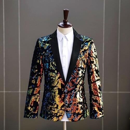 Shiny Gold Sequins Tuxedo Slim Blazer Men Wedding Groom Singer Prom Glitter Suit Jacket Formal Evening Party Host Stage Costume