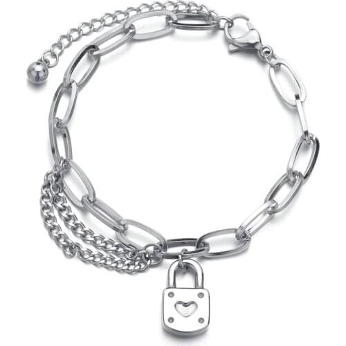 Fashion Heart Lock Bracelets Stainless Steel Adjustable Chain Link Bracelet for Woman Punk Jewelry