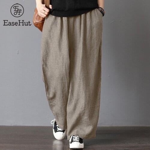 EaseHut Women Cotton Linen Wide Leg Pants Elastic Waist Pockets Comfy Solid Loose Casual Trousers Lady Pant 2021 Summer