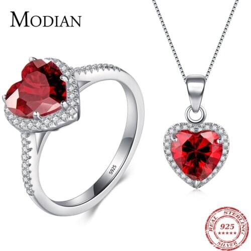 Modian Genuine Solid 925 Sterling Silver Hearts Sets Jewelry Red Ring Necklace Wedding Crystal Pendant Fashion Chain For Women