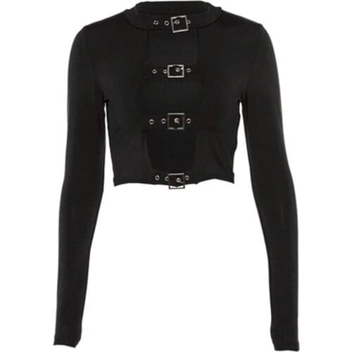 Pure black 2020 T-shirt casual tight sexy hollow out womens long sleeve short style artist female friends Hippie aesthe