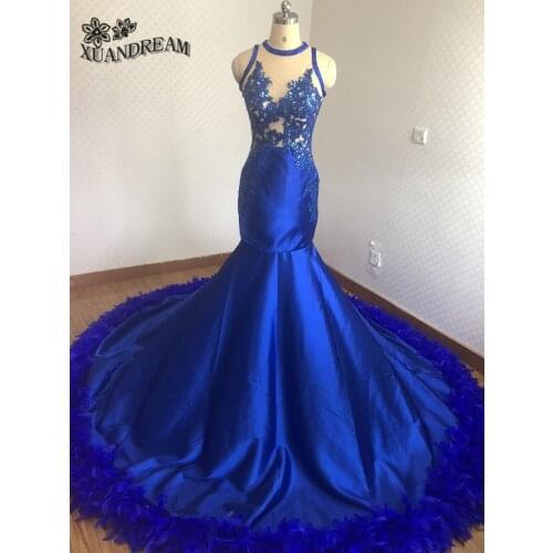 Hot feather dresses royal blue elegant mermaid evening gowns robe de soiree real made high quality cheap evening dress for party