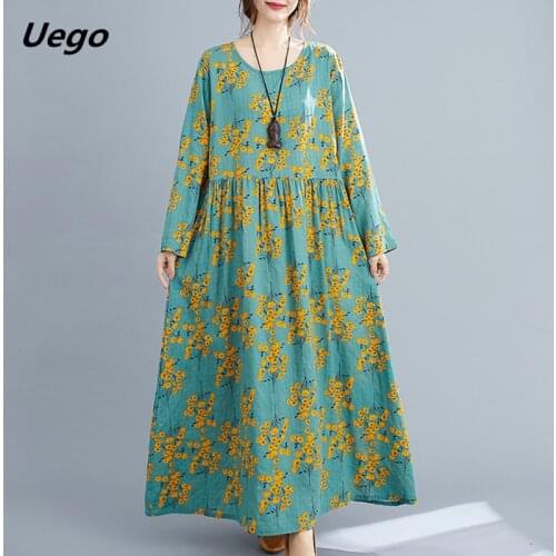 Cotton Loose Women Casual Spring Dress Long Sleeve Autumn Dress Plus Size Long Maxi Dress Print Floral Female Vintage Dress