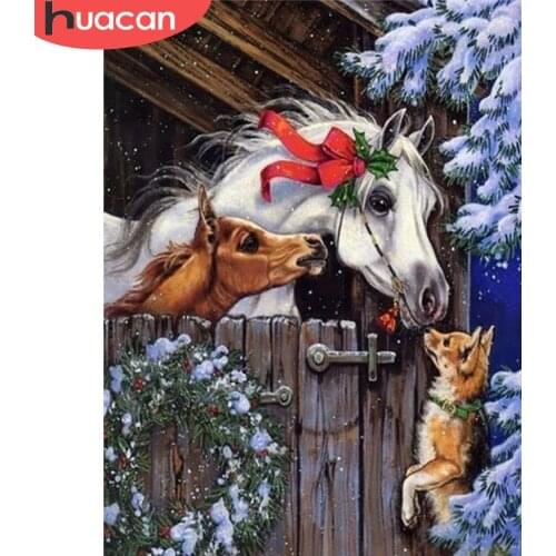 HUACAN Diamond Painting Full Square Christmas Horse Diamond Embroidery Dog Animal Mosaic Winter Home Decoration Wall Art