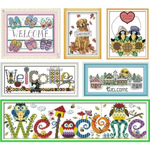 Joy Sunday Different Kinds of Welcome Stamped Canvas Aida Fabric Cotton Dmc Thread Embroidery Needlework for Cross Stitch Kits