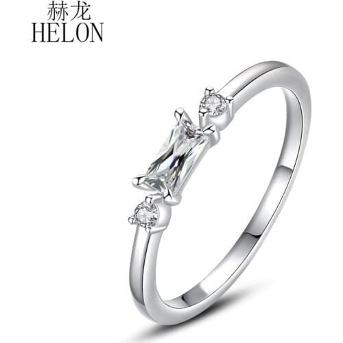 HELON Solid 10k White gold 3X5mm Baguette Cut AAA Graded Cubic Zirconia Engagement Wedding Ring Women Party Trendy Fine Jewelry