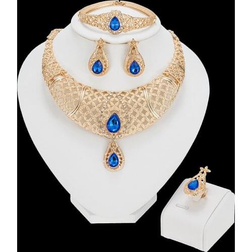 Exquisite Dubai Gold Color Gem Crystal Jewelry Set Nigerian Wedding woman Accessories Costume Necklace Earring Jewelry Set