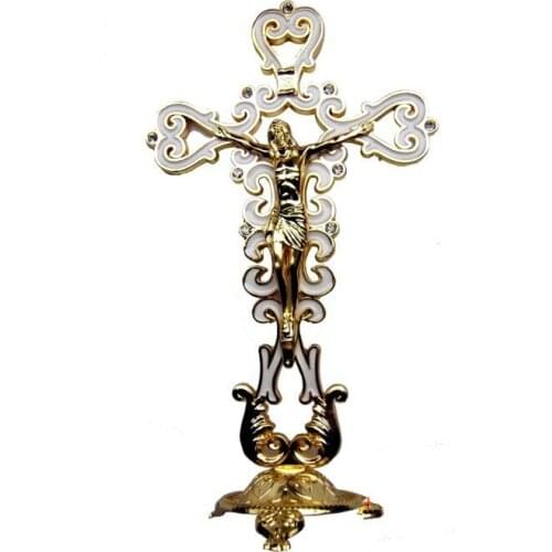 Jesus Cross Creative Beautiful Lily Lace Diamond Cross Catholic Supplies Christian Ornaments Alloy Crafts Hollow Sculpture