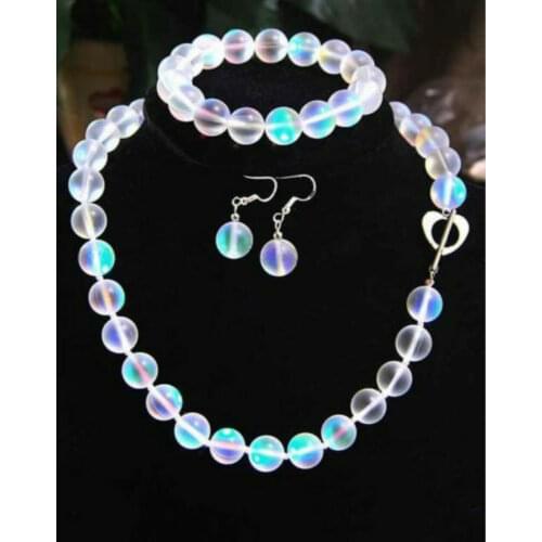 10mm White Gleamy Rainbow Moonstone Round Beads Necklace Bracelet Earrings AAA