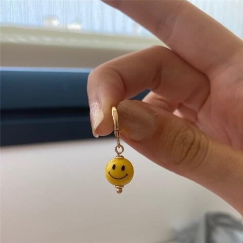 Lovely Gold Color Plating Yellow Smile Face Ball Charm Hoop Earrings For Girl Children Cute Romatic Mini Party Jewelry Accessory