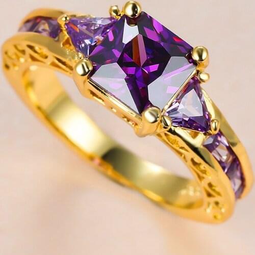 Charming Purple Crystal Zircon Ring Yellow Gold Square Stone Rings For Women Wedding Jewelry Vintage Fashion Engagement Promise