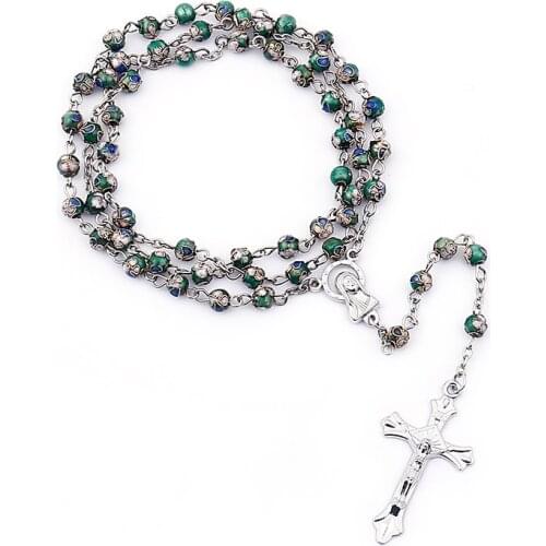 Wholesale Jesus Cross Rosary Necklace Vintage Cross Pendant Jewelry 2021 Trend Catholic Necklace Cloisonne Copper Beads NEW