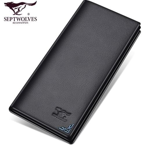 Septwolves fashion brand men wallets genuine leather long slim bifold wallet purse for man