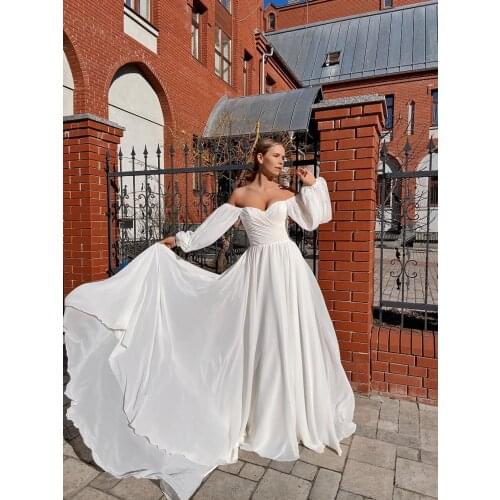 CloverBridal Long Sleeve Bridal Dress Simple Off the Shoulder Wedding Dress Silk Plus Size Wedding Gown with Sleeves WW8393