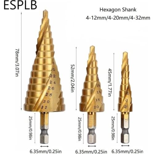 ESPLB 3pcs 4-12/20/32mm Drill Bit HSS Spiral Groove Step Hexagon/Triangle Shank Drill Titanium Coated Bit Hole Cutter Kit