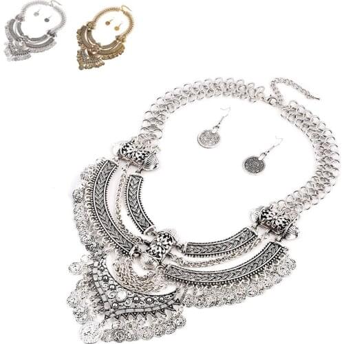 Boho Tassel Coin Jewelry Set Choker Statement Chain Necklace + Earring Silver/Gold Fashion Accessories