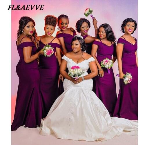 In Stock Mermaid Bridesmaid Dresses African Sexy Purple Off the Shoulder Straps Dress for Teens Wedding Party Bridesmaid Dress