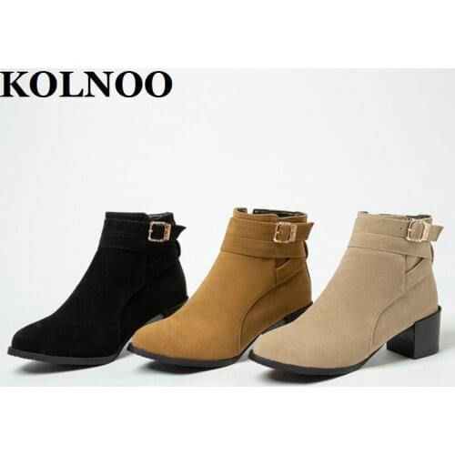 Kolnoo New Retro Handmade Ladies Chunky Heels Boots Buckle Strap Deco Side-Zipper Martin Ankle Boots Fashion Party Winter Shoes