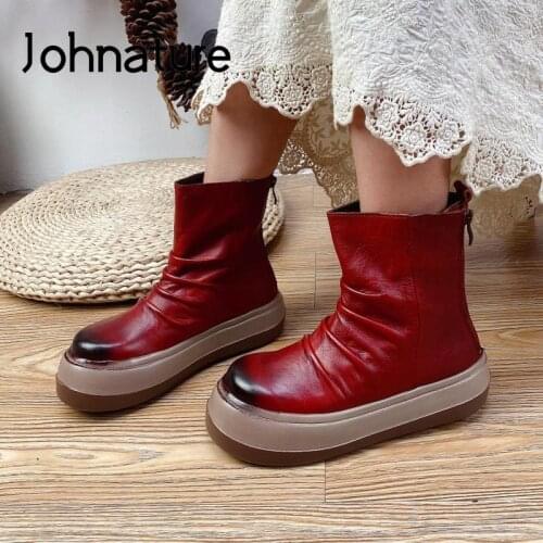 Johnature Women Boots Platform Shoes Genuine Leather 2021 New Winter Zip Round Toe Sewing Concise Handmade Leisure Ankle Boots