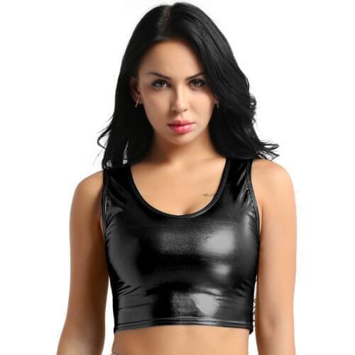 Womens Fashion Crop Tops Clubwear Casual Shiny Metallic Scoop Neck Tanks Top Vest Bustier Blouse Shirt Sleeveless Streetwear