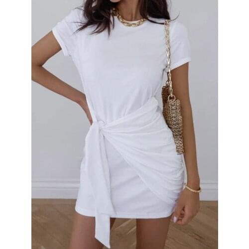 Summer Dresses for Women Goth White Tshirt Female Lace Up Solid Dress Casual Mini Short Sleeve T Shirts Bandage Vestido De Mujer