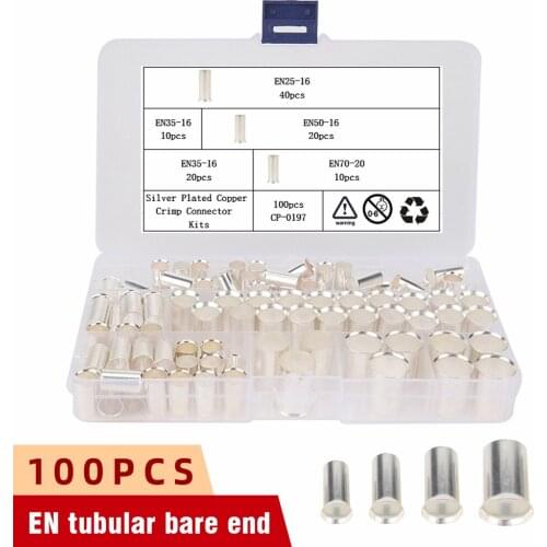 100pcs/set Wire Copper Crimp Connector Ferrules Pin Cord End Terminal EN25-16 EN35-16 EN50-16 EN70-20 Bare Crimp Terminals