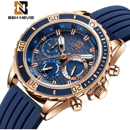 BENNEVIS Mens Watches Blue Waterproof Top Brand Luxury Chronograph Sport Watch Quartz Men Wristwatch Silicone Relogio Masculino