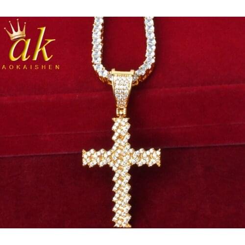 Mini Baguette Cross Necklace Pendant With Chains Gold ColorCubic Zircon For Men Women Hip Hop Rock Jewelry