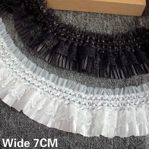 7CM Wide Korean White Black Double Layers Satin Stretch Lace Fabric Elastic Ruffle Trim Handmade DIY Dress Sewing Accessories