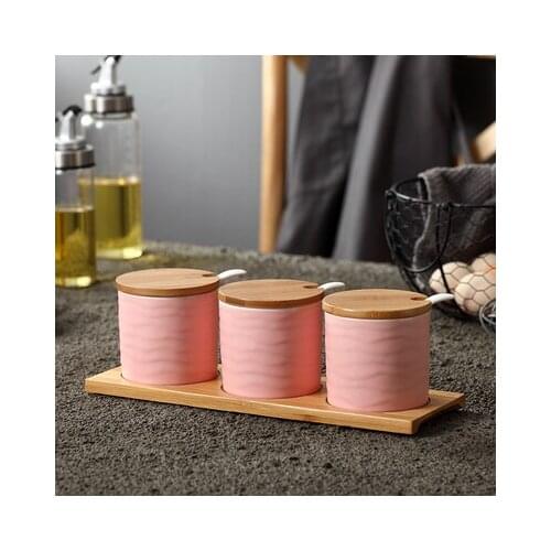 Ceramic Seasoning Jar 3piece/set And Wood Tray Spice Rack Salt And Pepper Glass Spice Jar Cooking Tools Kitchen accessor
