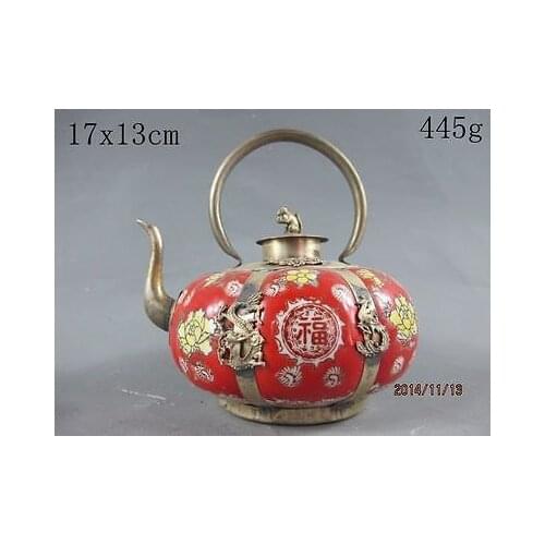 China Collectible handwork Red porcelain teapot Silver Monkey lid Garden Decoration 100% real Tibetan Silver Brass