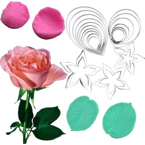 Rose Petal Leaves Silicone Mold & Cutter Fondant Cake Decorating Tools Floral Cutter Stainless Steel Cutter Set Confeitaria Tool