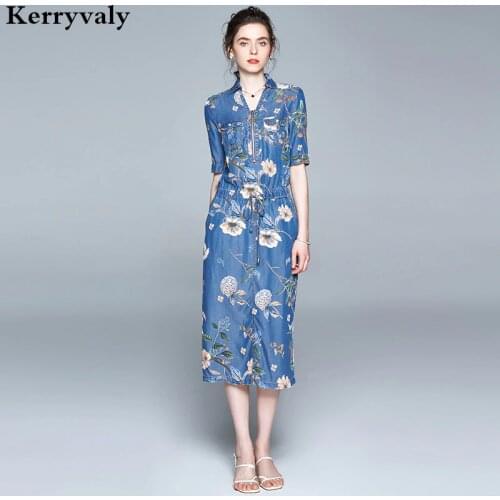 Summer Denim Printed Tencel Midi Dress Women Half-Sleeve Shirt High Waist Lace-up Party Dress Vestidos De Verano K3151