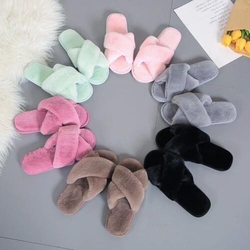 Fashion Women Slipper Casual Comfort Cross Furry Slipper Home Warm Fur Slipper Female Flat Sandals Plus Size Fluffy Slippers