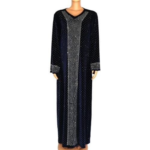 Muslim Velvet Maxi Dress Women Fashion Stick Diamonds Full Sleeve Loose Robes Spring Autumn New Dubai Islamic Abaya Muslim Dress