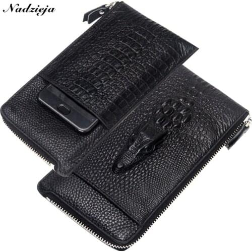 New Genuine Cow Leather Men Alligator Slim Soft Long Zipper Wallet Male Coin Purse Money Pocket Pochette Clutch Bag Card Holder
