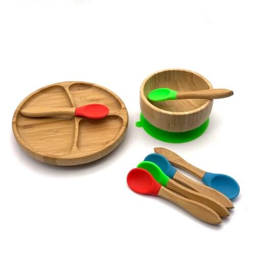 Baby Feeding Plate and Spoon Set, Divided Bamboo Plate with Spill Proof, Stay Put Suction Ring