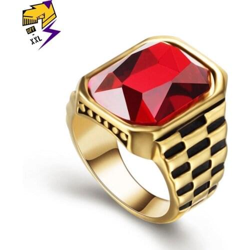 Wedding Bands Clock Watchband Men Rings Gold Color Stainless Steel Big Red Stone Strap Rings Women Wedding Couple Jewelry