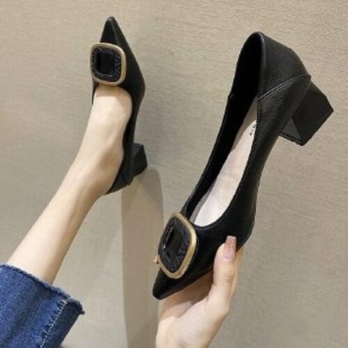 Pointed Toe Korean Fashion Women Single Shoes Elegant Ladies Pumps Party Dress Square Heel Metal Decoration Mid Heel High Heels