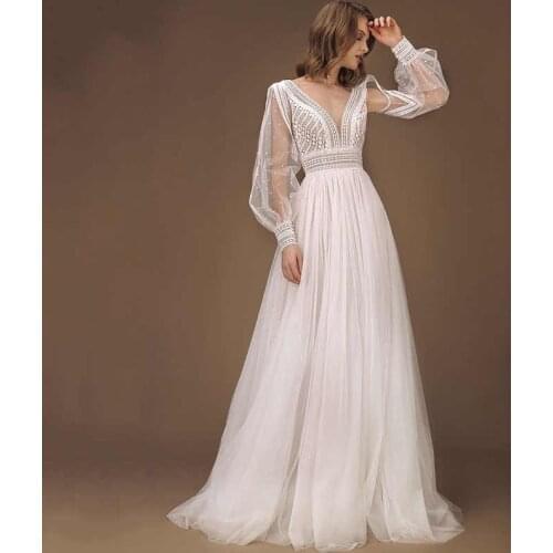 Elegant A-Line V-Neck Wedding Dress Puff Sleeves Boho Wedding Gowns Sexy Backless Vestido De Novia Princess Wedding Party Dress