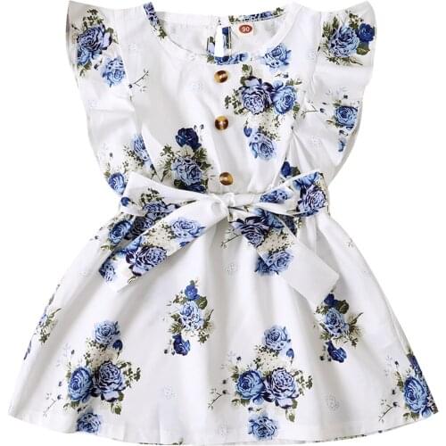 2021 Summer Baby Girl’s Sweet Fly Sleeve Dress Fashion Flower Button Round Neck Bandage A-line Princess Dress Hot Sell 3 Colors