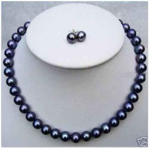 Stunning set 9-10mm tahitian round black blue pearl necklace earring