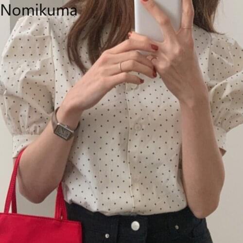 Nomikuma Causal Korean Dot Blouse Shirt Puff Short Sleeve O-neck Womens Tops 2021 Spring Summer O-neck Sweet Blusas Mujer 6H265