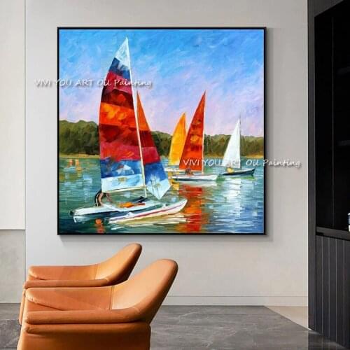 Hand Painted modern Colorful Sailboat Oil Painting Wall Art Canvas Picture handmade Acrylic oil painting for bedroom Home Decor