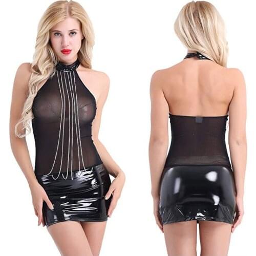 Sexy Leather Dress Net Lingeries Chain Woman See Through Cloth Bodystocking Erotic Transparent Faux Latex Female Bodysuit Sexi
