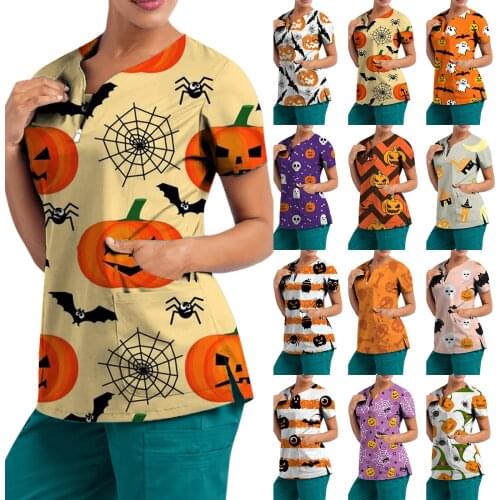 Nursing Uniform Scrubs For Women Short Sleeve Tops Working Uniform Halloween Scrubs Printed Pocket Blouse медицинская одежда q5